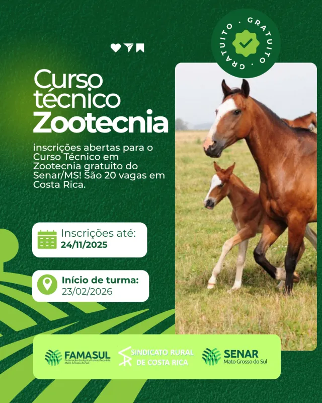 Imagem de compartilhamento para o artigo Senar-MS abre inscrições para curso técnico em Zootecnia gratuito em Costa Rica da MS Todo dia